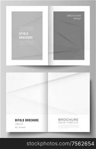 Vector layout of two A4 cover mockups design templates for bifold brochure, flyer, , cover design, book design, brochure cover. Halftone dotted background with gray dots, abstract gradient background. Vector layout of two A4 cover mockups design templates for bifold brochure, flyer, cover design, book design, brochure cover. Halftone dotted background with gray dots, abstract gradient background.