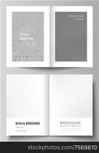 Vector layout of two A4 cover mockups design templates for bifold brochure, flyer, cover design, book design. Abstract halftone effect decoration with dots. Dotted pattern for grunge style decoration. Vector layout of two A4 cover mockups design templates for bifold brochure, flyer, cover design, book design. Abstract halftone effect decoration with dots. Dotted pattern for grunge style decoration.