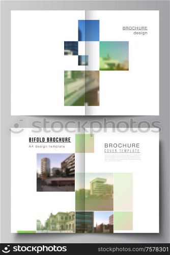 Vector layout of two A4 cover mockups design templates for bifold brochure, flyer, magazine, cover design, book design, brochure cover. Abstract project with clipping mask green squares for your photo.. Vector layout of two A4 cover mockups design templates for bifold brochure, flyer, magazine, cover design, book design, brochure cover. Abstract project with clipping mask green squares for your photo
