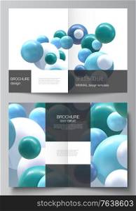 Vector layout of two A4 cover mockups template for bifold brochure, flyer, magazine, cover design, book design, brochure cover. Realistic vector background with multicolored 3d spheres, bubbles, balls.. Vector layout of two A4 cover mockups template for bifold brochure, flyer, magazine, cover design, book design, brochure cover. Realistic vector background with multicolored 3d spheres, bubbles, balls