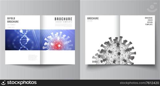 Vector layout of two A4 cover mockups templates for bifold brochure, flyer, magazine, cover design, book design. 3d medical background of corona virus. Covid 19, coronavirus infection. Virus concept. Vector layout of two A4 cover mockups templates for bifold brochure, flyer, magazine, cover design, book design. 3d medical background of corona virus. Covid 19, coronavirus infection. Virus concept.