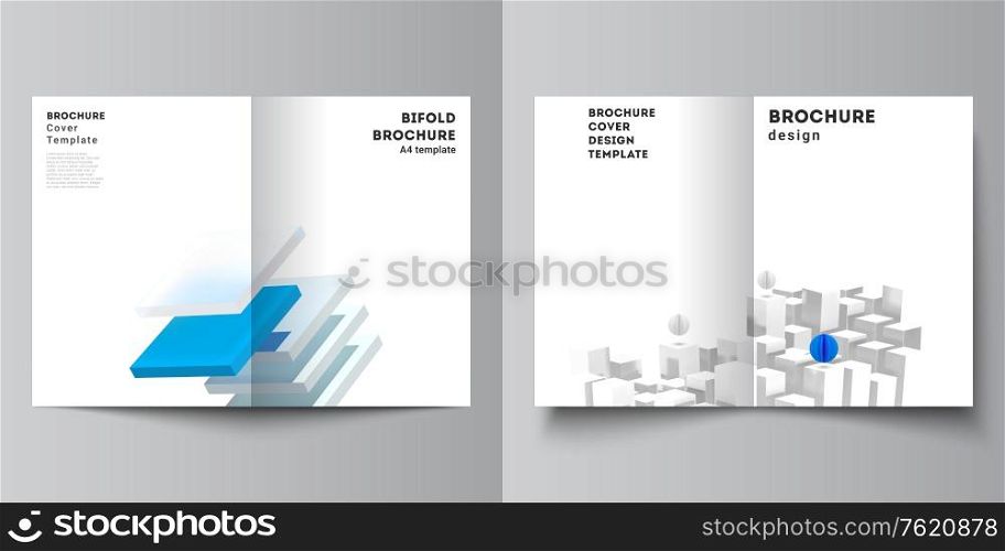 Vector layout of two A4 cover mockups templates for bifold brochure, flyer, magazine, cover design, book design. 3d render vector composition with dynamic realistic geometric blue shapes in motion. Vector layout of two A4 cover mockups templates for bifold brochure, flyer, magazine, cover design, book design. 3d render vector composition with dynamic realistic geometric blue shapes in motion.