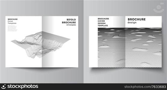 Vector layout of two A4 cover mockups templates for bifold brochure, flyer, cover design, book design, brochure cover. Abstract 3d digital backgrounds for futuristic minimal technology concept design. Vector layout of two A4 cover mockups templates for bifold brochure, flyer, cover design, book design, brochure cover. Abstract 3d digital backgrounds for futuristic minimal technology concept design.
