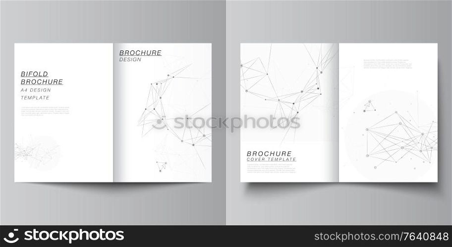 Vector layout of two A4 cover mockups templates for bifold brochure, flyer, magazine, cover design, book design. Gray technology background with connecting lines and dots. Network concept. Vector layout of two A4 cover mockups templates for bifold brochure, flyer, magazine, cover design, book design. Gray technology background with connecting lines and dots. Network concept.