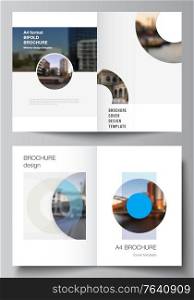 Vector layout of two A4 cover mockups templates for bifold brochure, flyer, magazine, cover design, book design. Background template with rounds, circles for IT, technology. Minimal style. Vector layout of two A4 cover mockups templates for bifold brochure, flyer, magazine, cover design, book design. Background template with rounds, circles for IT, technology. Minimal style.