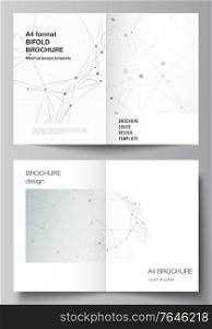Vector layout of two A4 cover mockups templates for bifold brochure, flyer, magazine, cover design, book design. Gray technology background with connecting lines and dots. Network concept. Vector layout of two A4 cover mockups templates for bifold brochure, flyer, magazine, cover design, book design. Gray technology background with connecting lines and dots. Network concept.