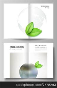 Vector layout of two A4 format cover mockups design templates for bifold brochure, flyer, cover design, book design, brochure cover. Save Earth planet concept. Sustainable development global concept. Vector layout of two A4 format cover mockups design templates for bifold brochure, flyer, cover design, book design, brochure cover. Save Earth planet concept. Sustainable development global concept.