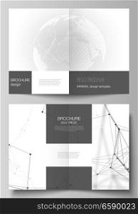 Vector layout of two A4 format cover mockups design templates for bifold brochure, flyer, report. Futuristic design with world globe, connecting lines. Global network connections, technology concept. Vector layout of two A4 format cover mockups design templates for bifold brochure, flyer, report. Futuristic design with world globe, connecting lines. Global network connections, technology concept.