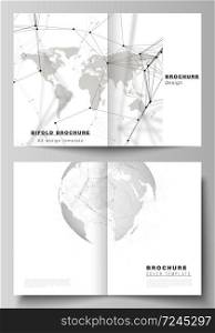 Vector layout of two A4 format cover mockups design templates for bifold brochure, flyer, report. Futuristic design with world globe, connecting lines. Global network connections, technology concept. Vector layout of two A4 format cover mockups design templates for bifold brochure, flyer, report. Futuristic design with world globe, connecting lines. Global network connections, technology concept.