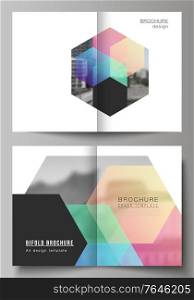 Vector layout of two A4 format cover mockups design templates with abstract shapes and colors for bifold brochure, flyer, magazine, cover design, book design, brochure cover. Vector layout of two A4 format cover mockups design templates with abstract shapes and colors for bifold brochure, flyer, magazine, cover design, book design, brochure cover.