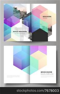 Vector layout of two A4 format cover mockups design templates with abstract shapes and colors for bifold brochure, flyer, magazine, cover design, book design, brochure cover. Vector layout of two A4 format cover mockups design templates with abstract shapes and colors for bifold brochure, flyer, magazine, cover design, book design, brochure cover.