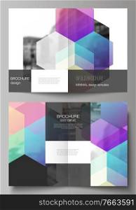 Vector layout of two A4 format cover mockups design templates with colorful hexagons, geometric shapes, tech background for bifold brochure, flyer, magazine, cover design, book design, brochure cover. Vector layout of two A4 format cover mockups design templates with colorful hexagons, geometric shapes, tech background for bifold brochure, flyer, magazine, cover design, book design, brochure cover.