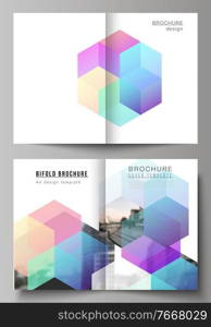 Vector layout of two A4 format cover mockups design templates with colorful hexagons, geometric shapes, tech background for bifold brochure, flyer, magazine, cover design, book design, brochure cover. Vector layout of two A4 format cover mockups design templates with colorful hexagons, geometric shapes, tech background for bifold brochure, flyer, magazine, cover design, book design, brochure cover.