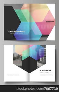 Vector layout of two A4 format cover mockups design templates with colorful hexagons, geometric shapes, tech background for bifold brochure, flyer, magazine, cover design, book design, brochure cover. Vector layout of two A4 format cover mockups design templates with colorful hexagons, geometric shapes, tech background for bifold brochure, flyer, magazine, cover design, book design, brochure cover.