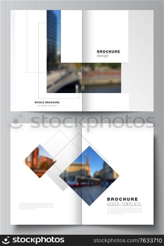 Vector layout of two A4 format cover mockups design templates with geometric simple shapes, lines and photo place for bifold brochure, flyer, magazine, cover design, book, brochure cover. Vector layout of two A4 format cover mockups design templates with geometric simple shapes, lines and photo place for bifold brochure, flyer, magazine, cover design, book, brochure cover.
