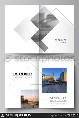 Vector layout of two A4 format cover mockups design templates with geometric simple shapes, lines and photo place for bifold brochure, flyer, magazine, cover design, book, brochure cover. Vector layout of two A4 format cover mockups design templates with geometric simple shapes, lines and photo place for bifold brochure, flyer, magazine, cover design, book, brochure cover.