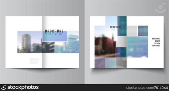 Vector layout of two A4 format cover mockups templates for bifold brochure, flyer, magazine, cover design, book design, brochure cover. Abstract design project in geometric style with blue squares.. Vector layout of two A4 format cover mockups templates for bifold brochure, flyer, magazine, cover design, book design, brochure cover. Abstract design project in geometric style with blue squares
