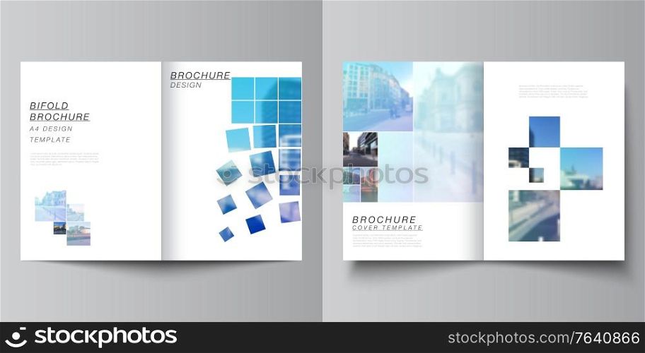 Vector layout of two A4 format cover mockups templates for bifold brochure, flyer, magazine, cover design, book design, brochure cover. Abstract design project in geometric style with blue squares.. Vector layout of two A4 format cover mockups templates for bifold brochure, flyer, magazine, cover design, book design, brochure cover. Abstract design project in geometric style with blue squares