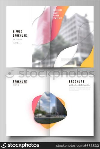 Vector layout of two A4 format modern cover mockups design templates for bifold brochure, magazine, flyer, booklet. Yellow color gradient abstract dynamic shapes, colorful geometric template design. Vector layout of two A4 format modern cover mockups design templates for bifold brochure, magazine, flyer, booklet. Yellow color gradient abstract dynamic shapes, colorful geometric template design.