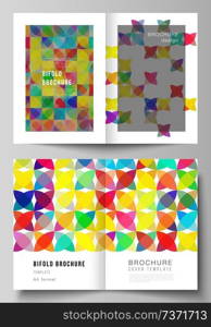 Vector layout of two A4 format modern cover mockups design templates for bifold brochure, flyer, booklet, report. Abstract background, geometric mosaic pattern with bright circles, geometric shapes. Vector layout of two A4 format modern cover mockups design templates for bifold brochure, flyer, booklet, report. Abstract background, geometric mosaic pattern with bright circles, geometric shapes.