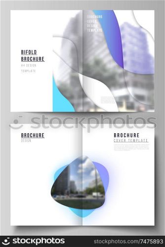 Vector layout of two A4 format modern cover mockups design templates for bifold brochure, magazine, flyer, booklet. Blue color gradient abstract dynamic shapes, colorful geometric template design. Vector layout of two A4 format modern cover mockups design templates for bifold brochure, magazine, flyer, booklet. Blue color gradient abstract dynamic shapes, colorful geometric template design.