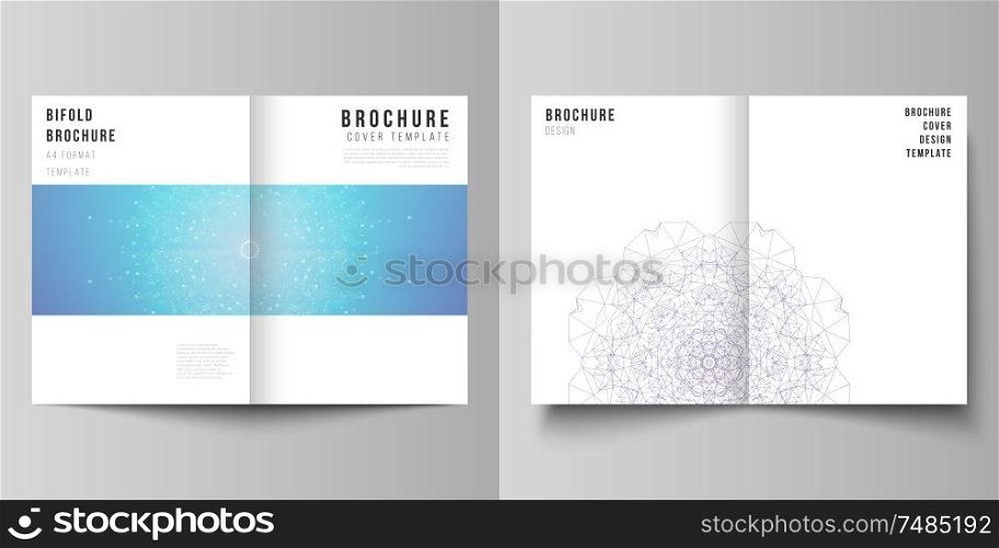 Vector layout of two A4 format modern cover mockups design templates for bifold brochure, flyer, booklet, report. Big Data Visualization, geometric communication background, connected lines and dots. Vector layout of two A4 format modern cover mockups design templates for bifold brochure, flyer, booklet, report. Big Data Visualization, geometric communication background, connected lines and dots.