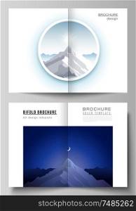 Vector layout of two A4 format modern cover mockups design templates for bifold brochure, magazine, flyer. Mountain illustration, outdoor adventure. Travel concept background. Flat design vector. Vector layout of two A4 format modern cover mockups design templates for bifold brochure, magazine, flyer. Mountain illustration, outdoor adventure. Travel concept background. Flat design vector.