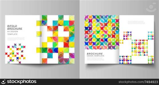 Vector layout of two A4 format modern cover mockups design templates for bifold brochure, flyer, booklet, report. Abstract background, geometric mosaic pattern with bright circles, geometric shapes. Vector layout of two A4 format modern cover mockups design templates for bifold brochure, flyer, booklet, report. Abstract background, geometric mosaic pattern with bright circles, geometric shapes.
