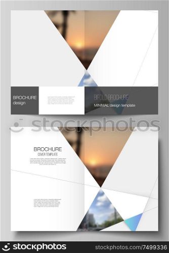 Vector layout of two A4 format modern cover mockups design templates for bifold brochure, magazine, flyer, booklet. Creative modern background with blue triangles and triangular shapes. Simple design.. The vector layout of two A4 format modern cover mockups design templates for bifold brochure, magazine, flyer, report. Creative background with blue triangles and triangular shapes. Simple design.