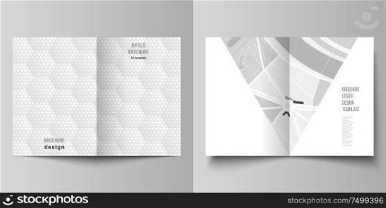 Vector layout of two A4 format modern cover mockups design templates for bifold brochure, magazine, flyer, booklet. Abstract geometric triangle design background using triangular style patterns. Vector layout of two A4 format modern cover mockups design templates for bifold brochure, magazine, flyer, booklet. Abstract geometric triangle design background using triangular style patterns.