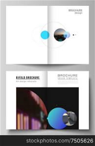 Vector layout of two A4 format modern cover mockups design templates for bifold brochure, flyer, booklet. Simple design futuristic concept. Creative background with circles that form planets and stars.. Vector layout of two A4 format modern cover mockups design templates for bifold brochure, flyer, booklet. Simple design futuristic concept. Creative background with circles that form planets and stars