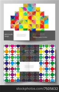 Vector layout of two A4 format modern cover mockups design templates for bifold brochure, flyer, booklet, report. Abstract background, geometric mosaic pattern with bright circles, geometric shapes. Vector layout of two A4 format modern cover mockups design templates for bifold brochure, flyer, booklet, report. Abstract background, geometric mosaic pattern with bright circles, geometric shapes.