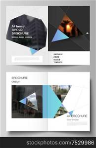 Vector layout of two A4 format modern cover mockups design templates for bifold brochure, magazine, flyer, booklet. Creative modern background with blue triangles and triangular shapes. Simple design.. The vector layout of two A4 format modern cover mockups design templates for bifold brochure, magazine, flyer, report. Creative background with blue triangles and triangular shapes. Simple design.