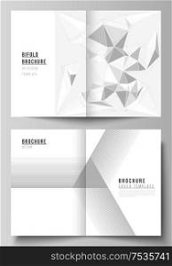 Vector layout of two A4 format modern cover mockups design templates for bifold brochure, flyer, booklet, report. Abstract geometric triangle design background using triangular style patterns.. Vector layout of two A4 format modern cover mockups design templates for bifold brochure, magazine, flyer, booklet. Abstract geometric triangle design background using triangular style patterns.