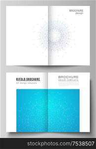 Vector layout of two A4 format modern cover mockups design templates for bifold brochure, flyer, booklet, report. Big Data Visualization, geometric communication background, connected lines and dots. Vector layout of two A4 format modern cover mockups design templates for bifold brochure, flyer, booklet, report. Big Data Visualization, geometric communication background, connected lines and dots.