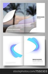 Vector layout of two A4 format modern cover mockups design templates for bifold brochure, magazine, flyer, booklet. Blue color gradient abstract dynamic shapes, colorful geometric template design. Vector layout of two A4 format modern cover mockups design templates for bifold brochure, magazine, flyer, booklet. Blue color gradient abstract dynamic shapes, colorful geometric template design.
