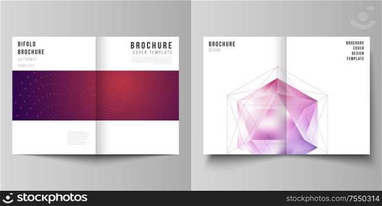 Vector layout of two A4 format modern cover mockups design templates for bifold brochure, magazine, flyer. 3d polygonal geometric modern design abstract background. Science or technology vector. Vector layout of two A4 format modern cover mockups design templates for bifold brochure, flyer, booklet. 3d polygonal geometric modern design abstract background. Science or technology vector.