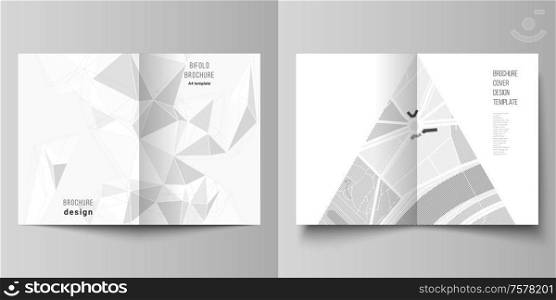 Vector layout of two A4 format modern cover mockups design templates for bifold brochure, flyer, booklet, report. Abstract geometric triangle design background using triangular style patterns.. Vector layout of two A4 format modern cover mockups design templates for bifold brochure, magazine, flyer, booklet. Abstract geometric triangle design background using triangular style patterns.
