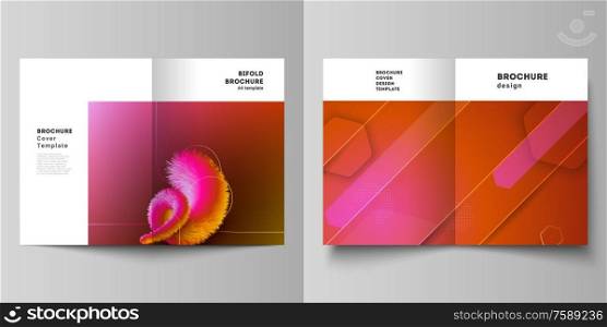 Vector layout of two A4 format modern cover mockups design templates for bifold brochure, magazine, flyer. Futuristic technology design, colorful backgrounds with fluid gradient shapes composition.. Vector layout of two A4 format modern cover mockups design templates for bifold brochure, flyer, booklet. Futuristic technology design, colorful backgrounds with fluid gradient shapes composition.