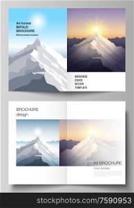 Vector layout of two A4 format modern cover mockups design templates for bifold brochure, magazine, flyer. Mountain illustration, outdoor adventure. Travel concept background. Flat design vector. Vector layout of two A4 format modern cover mockups design templates for bifold brochure, magazine, flyer. Mountain illustration, outdoor adventure. Travel concept background. Flat design vector.
