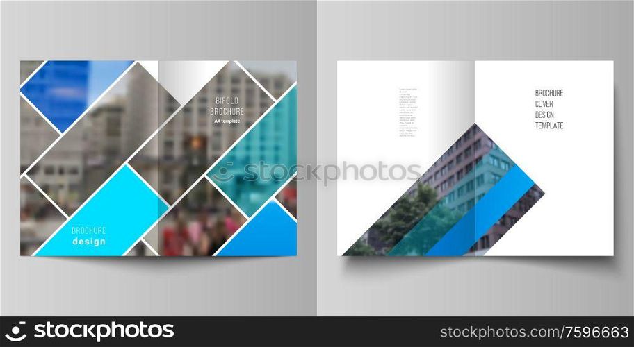 Vector layout of two A4 format modern cover mockups design templates for bifold brochure, magazine, flyer, booklet, report. Abstract geometric pattern creative modern blue background with rectangles. Vector layout of two A4 format modern cover mockups design templates for bifold brochure, magazine, flyer, booklet, report. Abstract geometric pattern creative modern blue background with rectangles.