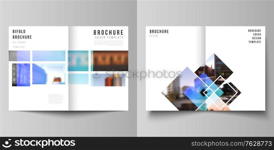 Vector layout of two A4 format modern cover mockups design templates for bifold brochure, magazine, flyer, booklet, annual report. Creative trendy style mockups, blue color trendy design backgrounds. Vector layout of two A4 format modern cover mockups design templates for bifold brochure, magazine, flyer, booklet, annual report. Creative trendy style mockups, blue color trendy design backgrounds.