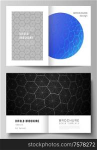 Vector layout of two A4 format modern cover mockups design templates for bifold brochure. Digital technology and big data concept with hexagons, connecting dots and lines, science medical background. Vector layout of two A4 format modern cover mockups design templates for bifold brochure. Digital technology and big data concept with hexagons, connecting dots and lines, science medical background.