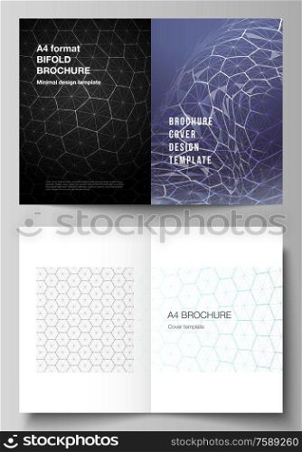 Vector layout of two A4 format modern cover mockups design templates for bifold brochure. Digital technology and big data concept with hexagons, connecting dots and lines, science medical background. Vector layout of two A4 format modern cover mockups design templates for bifold brochure. Digital technology and big data concept with hexagons, connecting dots and lines, science medical background.