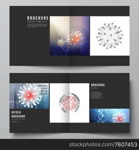 Vector layout of two cover templates for square bifold brochure, flyer, cover design, book design, brochure cover. 3d medical background of corona virus. Covid 19, coronavirus infection. Virus concept.. Vector layout of two cover templates for square bifold brochure, flyer, cover design, book design, brochure cover. 3d medical background of corona virus. Covid 19, coronavirus infection. Virus concept