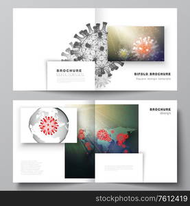 Vector layout of two cover templates for square bifold brochure, flyer, cover design, book design, brochure cover. 3d medical background of corona virus. Covid 19, coronavirus infection. Virus concept.. Vector layout of two cover templates for square bifold brochure, flyer, cover design, book design, brochure cover. 3d medical background of corona virus. Covid 19, coronavirus infection. Virus concept