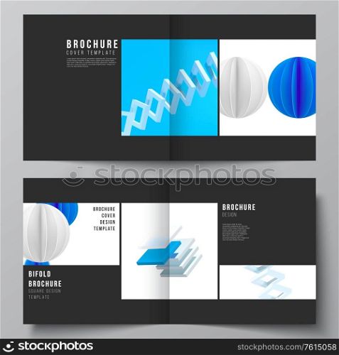Vector layout of two covers template for square bifold brochure, flyer, magazine, cover design, book design, brochure cover. 3d render vector composition with realistic geometric blue shapes in motion.. Vector layout of two covers template for square bifold brochure, flyer, magazine, cover design, book design, brochure cover. 3d render vector composition with realistic geometric blue shapes in motion
