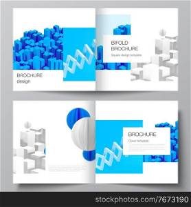 Vector layout of two covers template for square bifold brochure, flyer, magazine, cover design, book design, brochure cover. 3d render vector composition with realistic geometric blue shapes in motion.. Vector layout of two covers template for square bifold brochure, flyer, magazine, cover design, book design, brochure cover. 3d render vector composition with realistic geometric blue shapes in motion