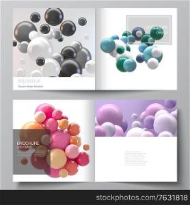 Vector layout of two covers templates for design bifold brochure, flyer, magazine, cover design, book design. Abstract vector futuristic background with colorful 3d spheres, glossy bubbles, balls. Vector layout of two covers templates for square bifold brochure, flyer, magazine, cover design, book design. Abstract vector futuristic background with colorful 3d spheres, glossy bubbles, balls.