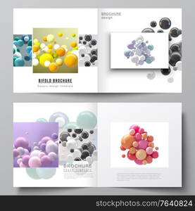 Vector layout of two covers templates for design bifold brochure, flyer, magazine, cover design, book design. Abstract vector futuristic background with colorful 3d spheres, glossy bubbles, balls. Vector layout of two covers templates for square bifold brochure, flyer, magazine, cover design, book design. Abstract vector futuristic background with colorful 3d spheres, glossy bubbles, balls.